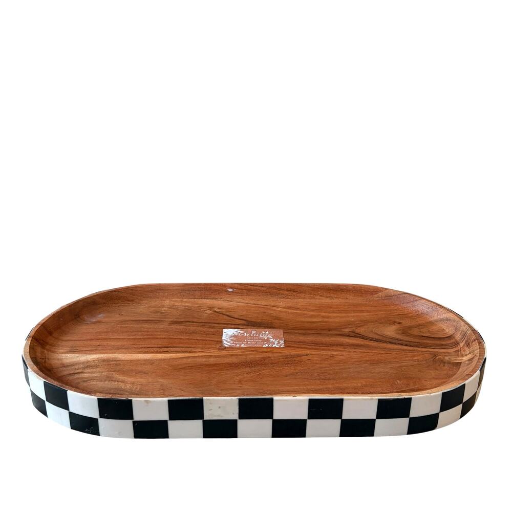 Black & White Checkered Enameled Mango Wood Serving Tray 17x9 Made In India NEW